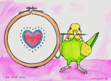 Bird next to an embroidery hoop