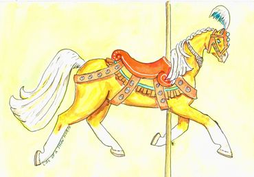 Palomino carousel horse with orange saddle