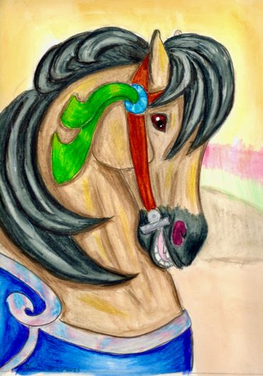 Colorful painting of a horse with black mane and decorative harness.