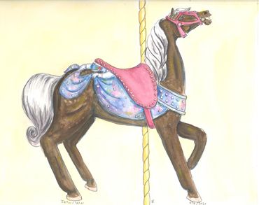 Dark brown carousel horse with a saddle blanket that looks like a nebula 