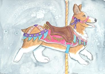Carousel corgi with pink and purple trappings