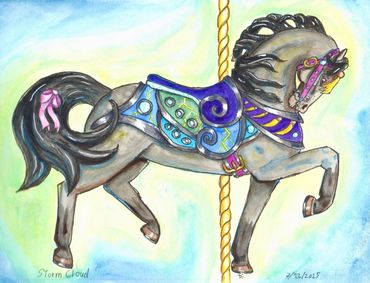 Dark gray carousel horse with blue saddle