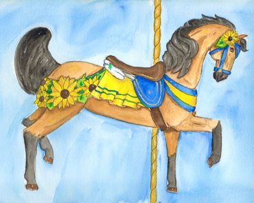 Bay carousel horse with sunflowers and yellow and blue tack