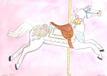 White carousel horse with a pastel bouquet behind the saddle