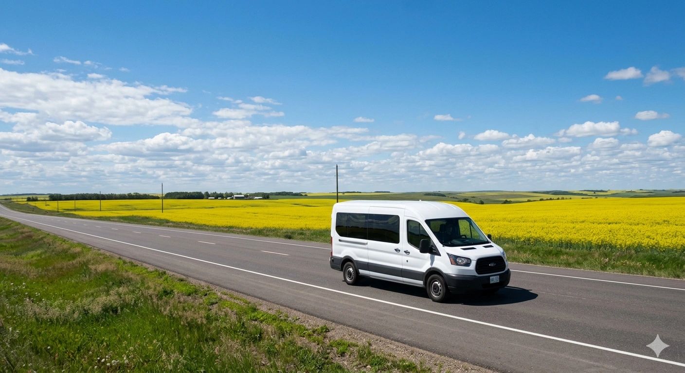 White van driving on a highway beside yellow fields under a blue sky.