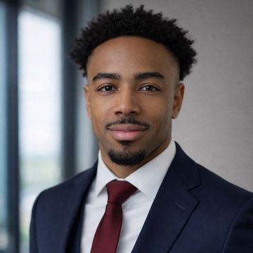 Professional young man in suit and tie smiling confidently.