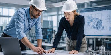Two engineers analyzing blueprints in an office.