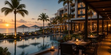 A scenic poolside dining area at sunset with palm trees.
