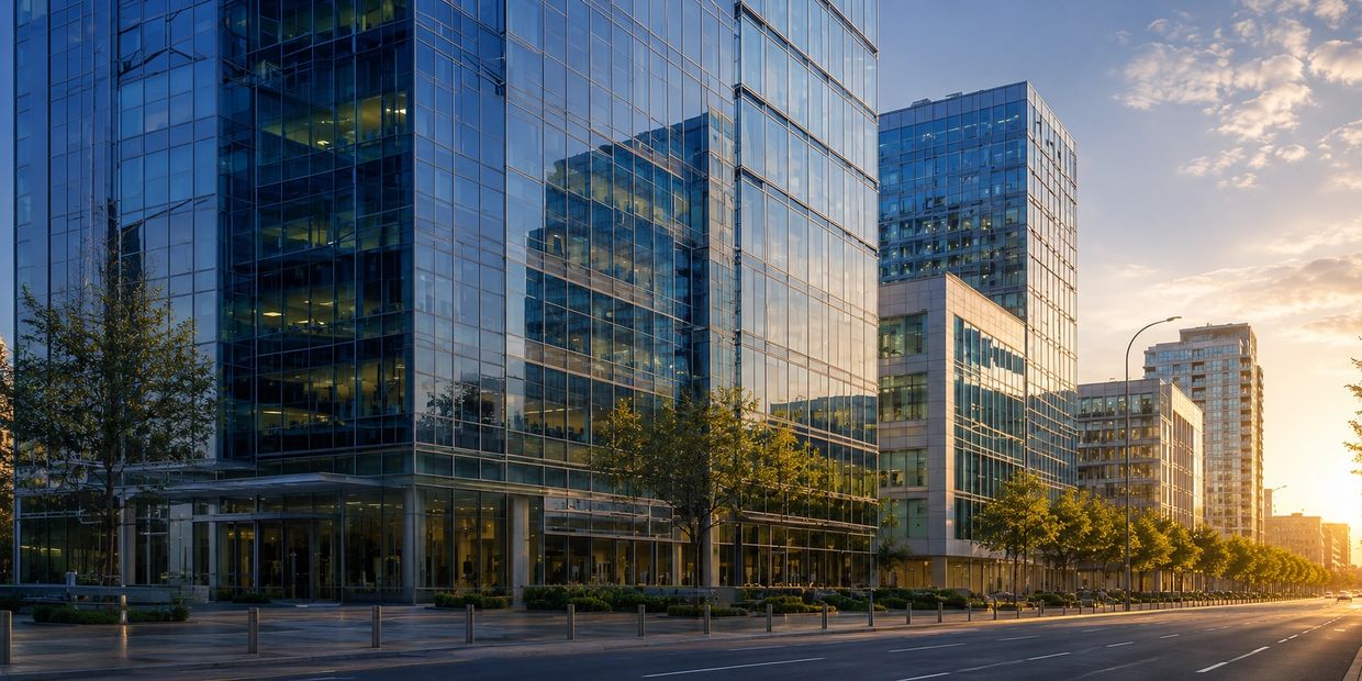 Modern glass office buildings at sunset.