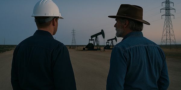 Two men observing oil pump jacks at dusk.