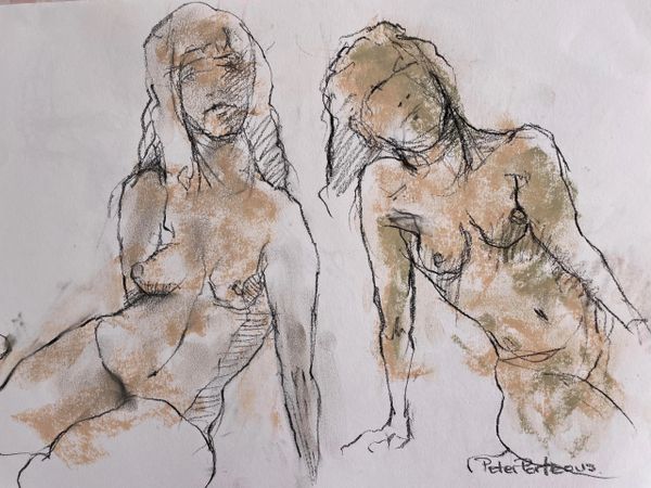 Two nude women pose on knees both leaning towards each other on inside arm, drawn in black charcoal