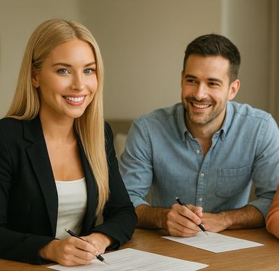 Licensed mobile notary in Los Angeles notarizing real estate loan documents at client’s home.