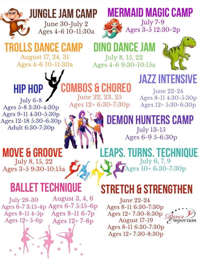Colorful schedule of various kids' dance and activity camps with dates and ages.