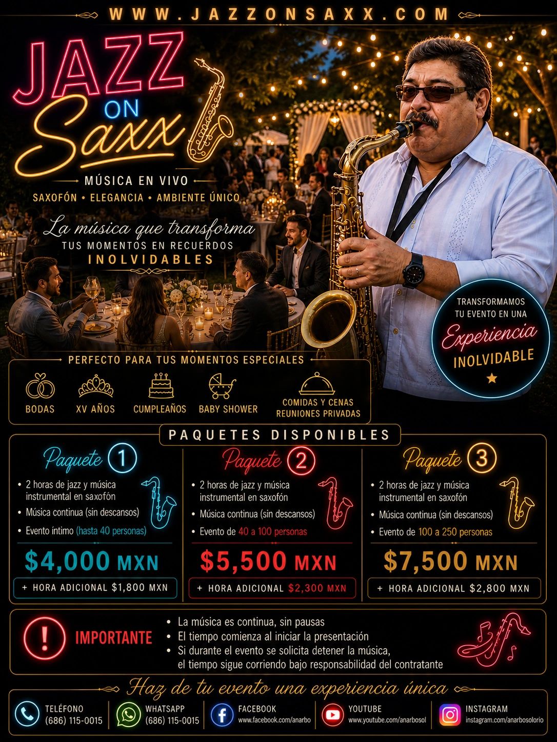 Promotional flyer for live saxophone jazz music at special events with customizable packages.