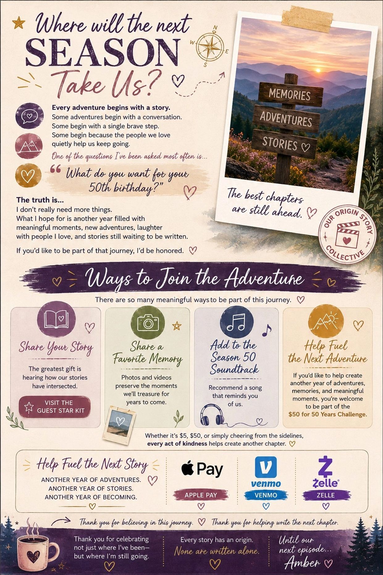 Inspirational journey invitation for stories and adventures with ways to participate.