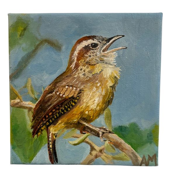 A detailed painting of a singing bird perched on a branch.