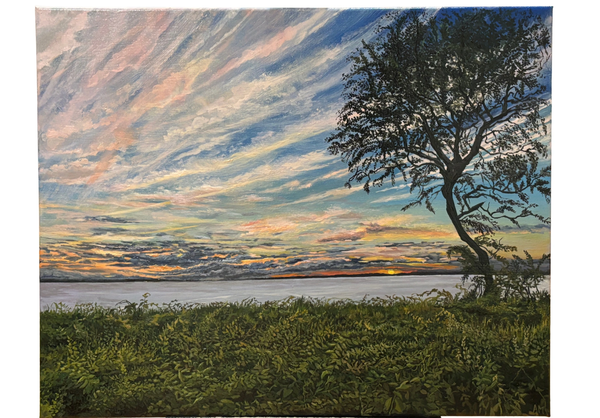 Painting of a vibrant sunset over water with a silhouetted tree and lush greenery.