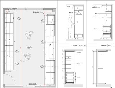 Technical drawing of a wardrobe layout with dimensions and sections.