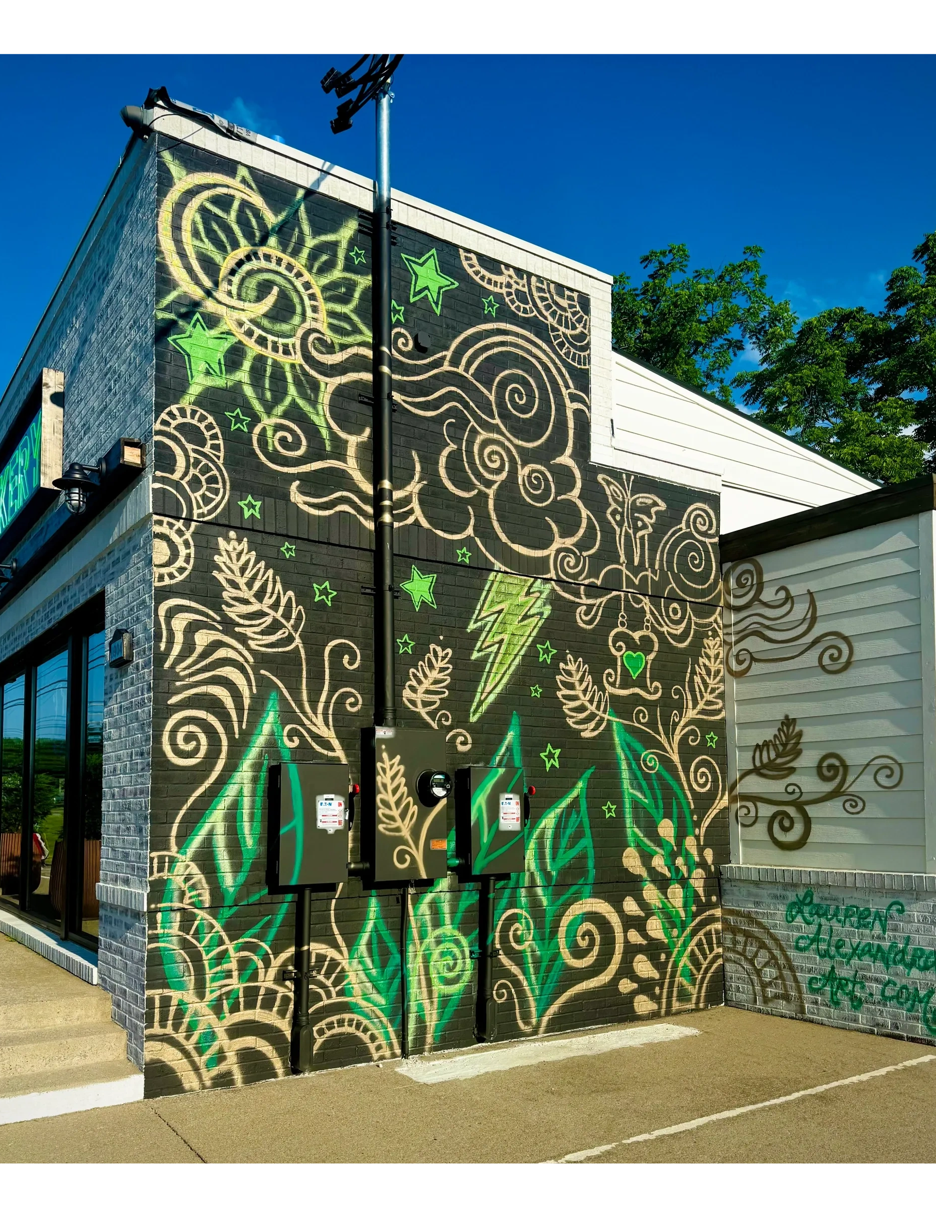Unique wall mural, fun abstract design with lightning, clouds, sun, moon, luna moth and wheat to rep