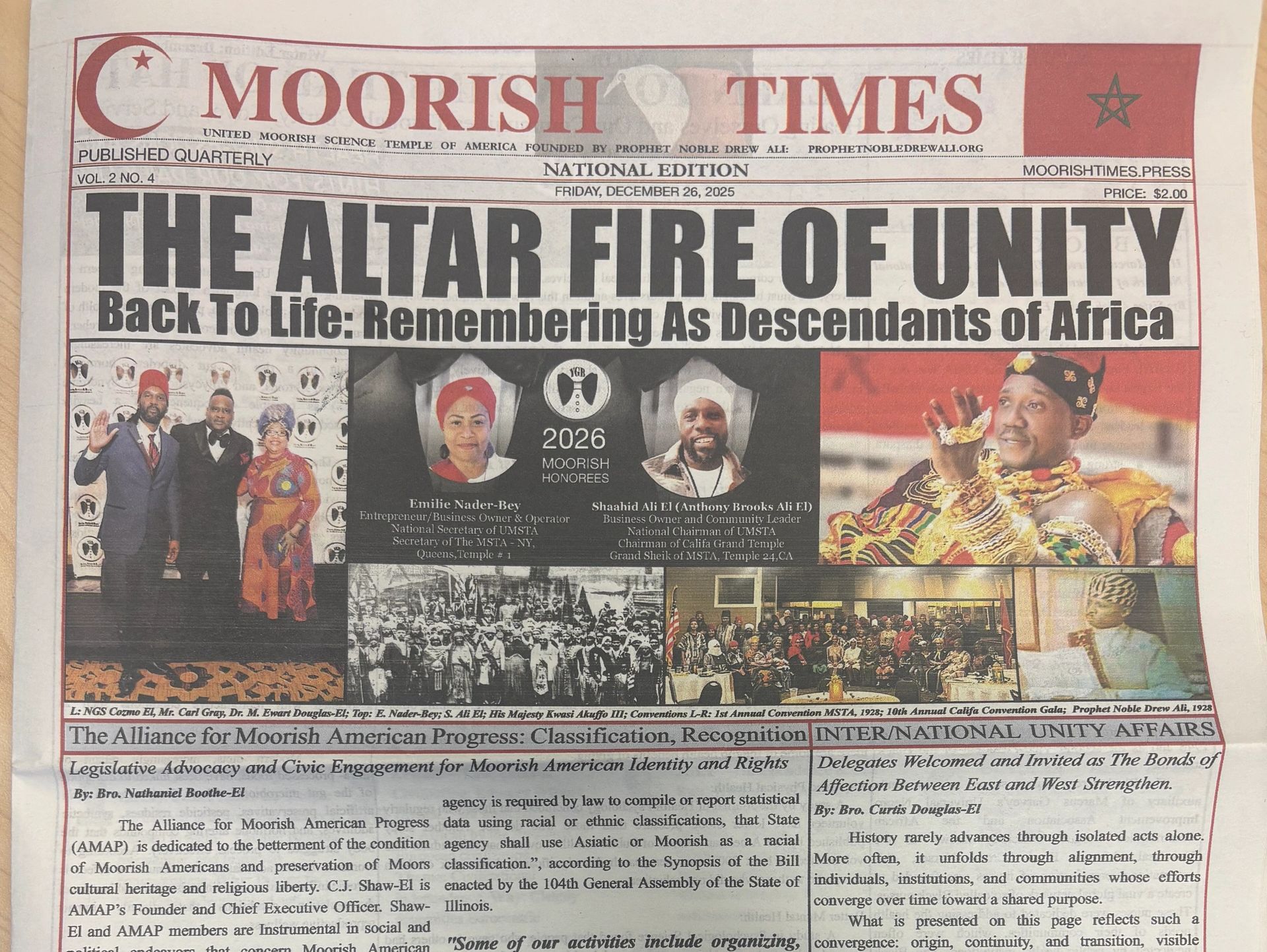 Front page of Moorish Times newspaper focusing on unity and African heritage.