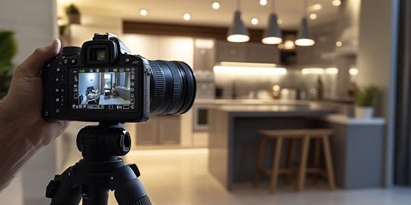 Camera photographing modern kitchen interior.