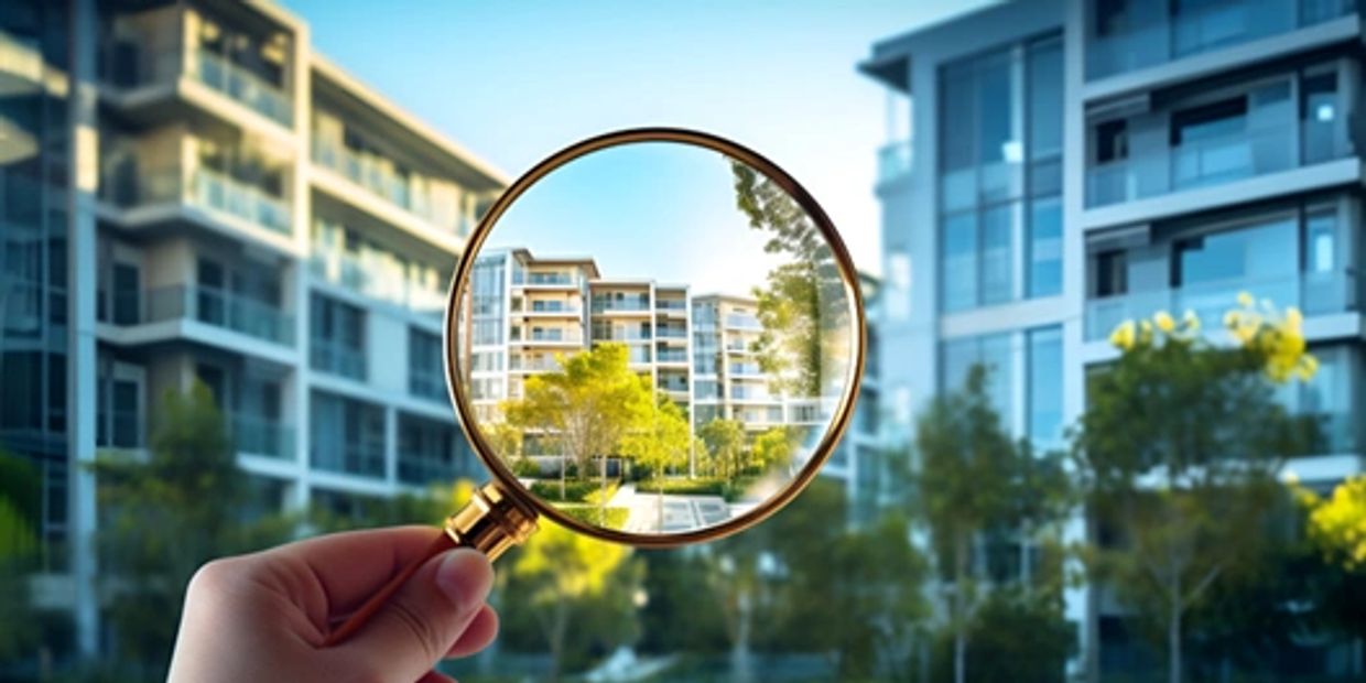 Magnifying glass focusing on a modern apartment building.