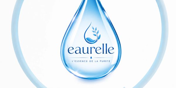 Logo of Eaurelle inside a blue water droplet with a leaf design.