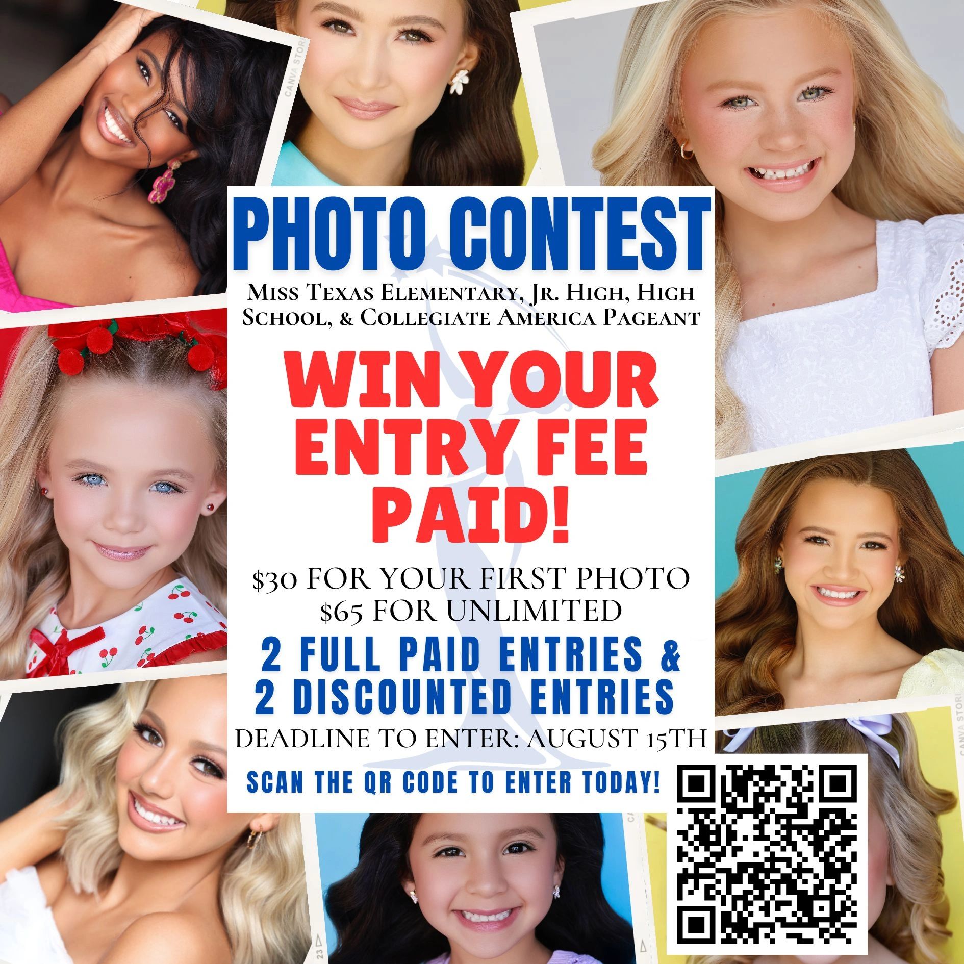 Photo contest announcement for Miss Texas pageant covering various age groups.