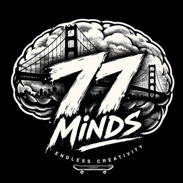 Black and white brain illustration with Golden Gate Bridge and '77 Minds' text.