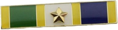 Military ribbon with green, yellow, and blue coloring and a gold star.