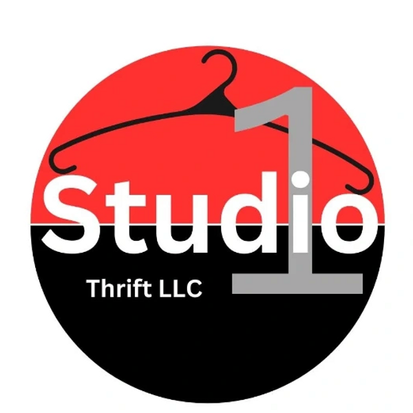 Studio 1 Thrift store Logo in red, black, grey and white.