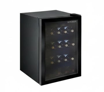 Compact black wine cooler with glass door and multiple bottles inside.