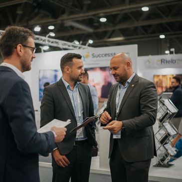 Three businessmen in suits networking at a professional event.