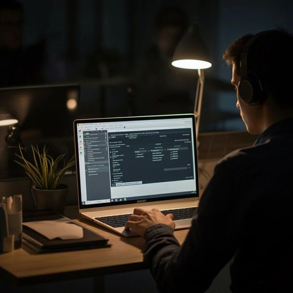 Person working late on a laptop with headphones and desk lamp.
