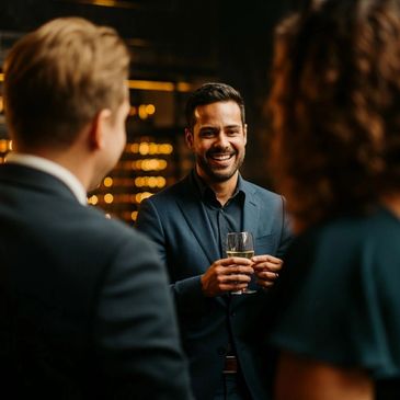A man in a suit holding a drink and smiling during a social event.