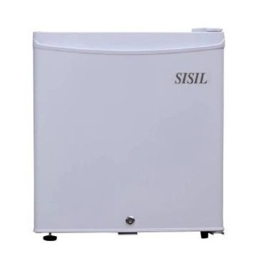 Compact white mini fridge with SISIL branding.