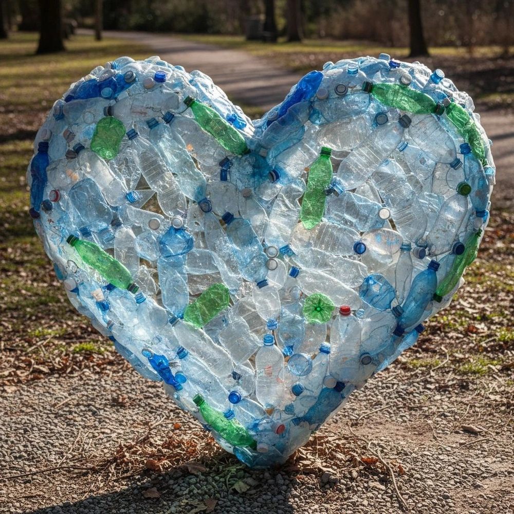 Heart-shaped sculpture made from recycled plastic bottles outdoors.