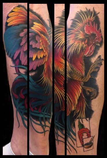Colorful rooster tattoo with a bottle of siracha