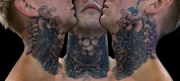 Fudog neck tattoo traditional Japanese coverup