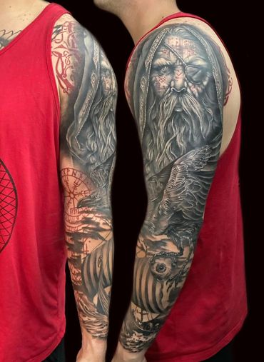 Odin tattoo sleeve black and gray