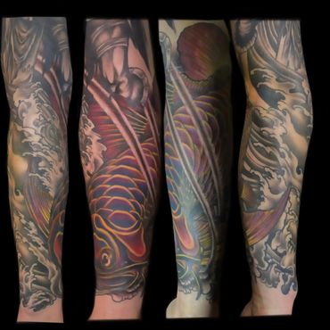 fish and finger wave sleeve tattoo