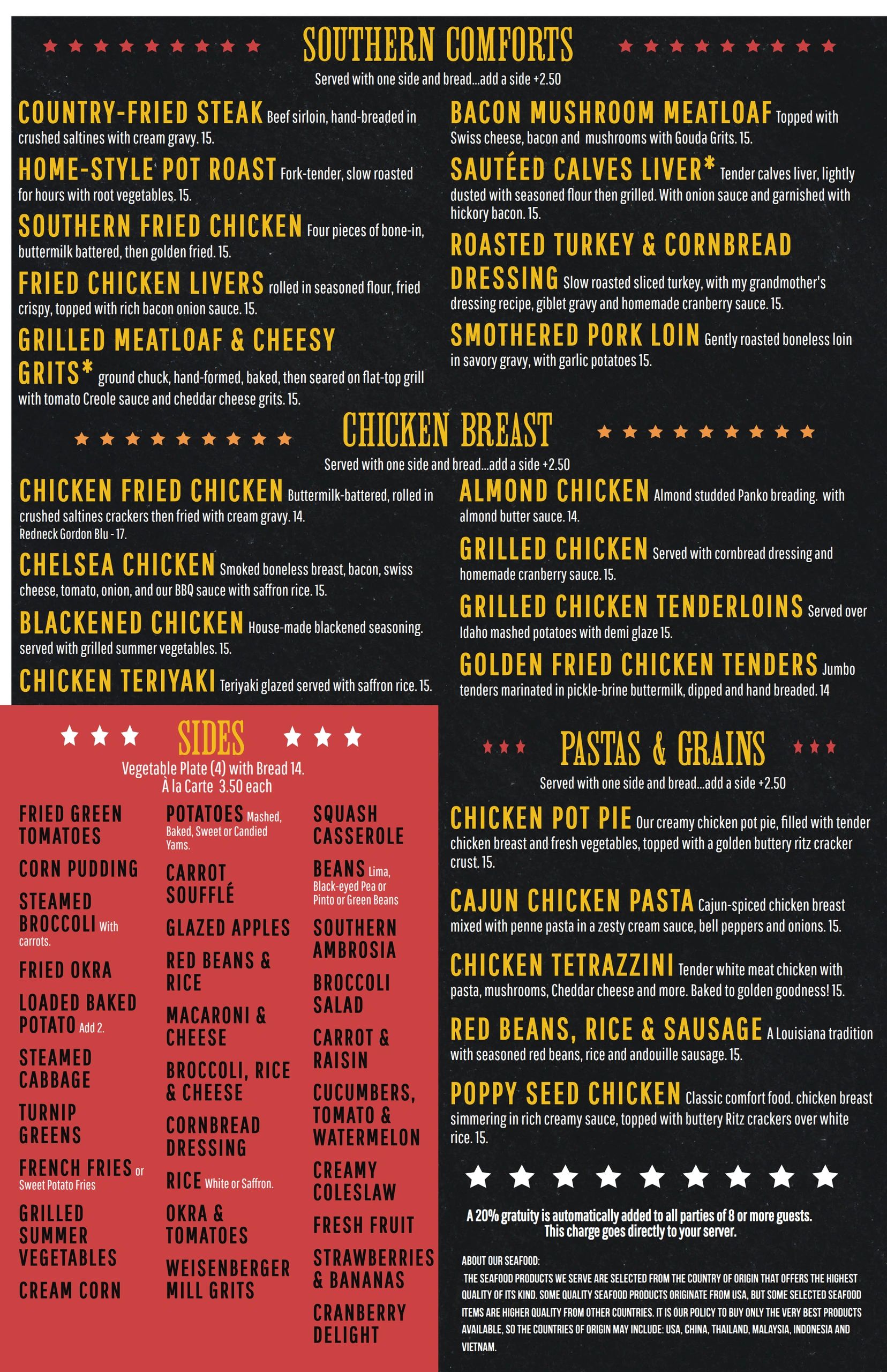 Southern Comforts menu with various chicken, meat, sides, and pasta dishes.