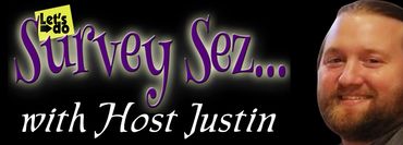 Logo for 'Let's do Survey Sez...' with Host Justin's image.