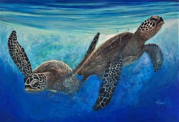 Two Sea turtles painted with acrylics on wood panel