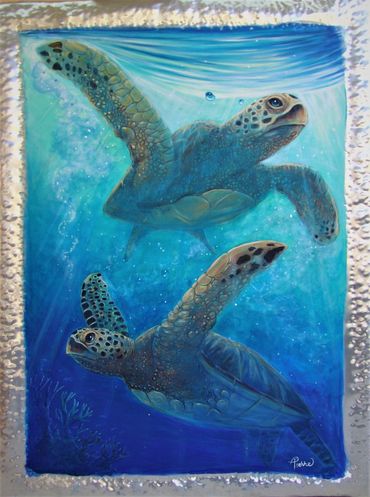 Sea turtles painted with acrylics on aluminum sheet metal with a hammered frame.