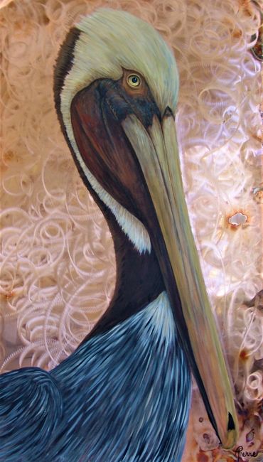 Pelican painted with acrylics on copper sheet metal.