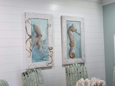 Octopus and seahorse painted with acrylics on wood panel with recycled wood frames.