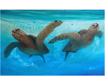 2 sea turtles painted with acrylic on wood panel. 