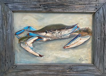 Blue crab painted with acrylics on wood panel with Old Florida Dock board frame.
