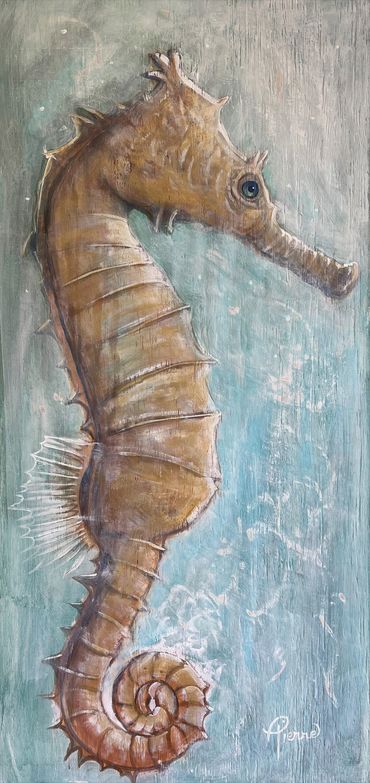 Seahorse painted with acrylic on wood panel.